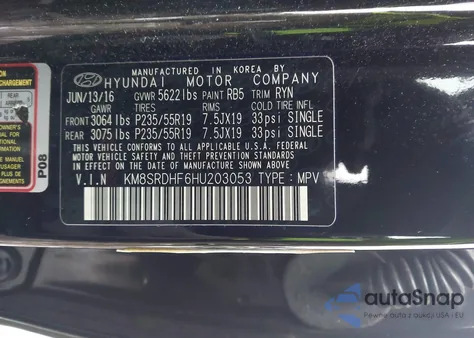 2017 Hyundai Santa Fe Se Ultimate z USA, uszkodzony, nr VIN KM8SRDHF6HU203053